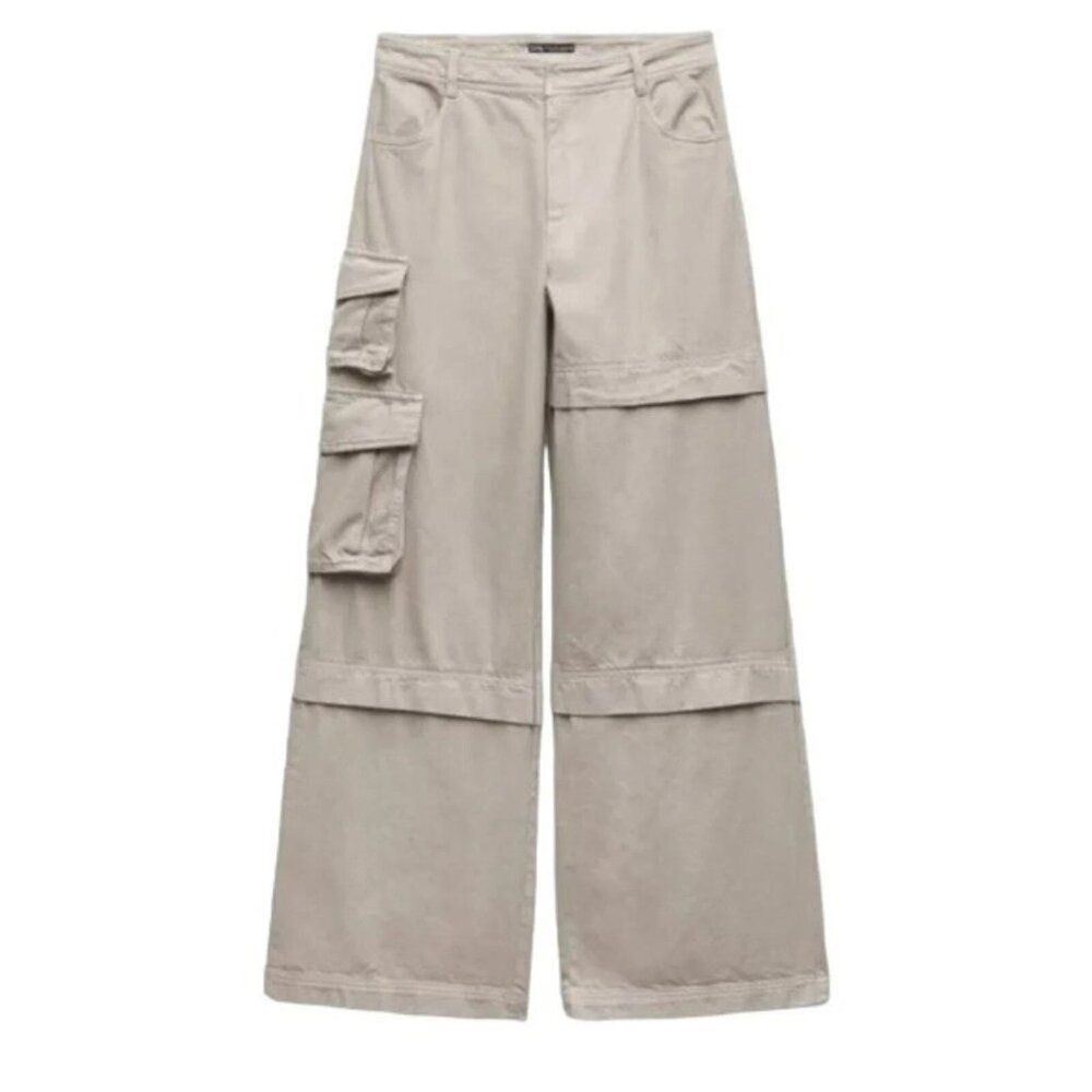 ZARA‎ Extra Long Wide Leg Baggy Cargo Pants Womens Small Khaki